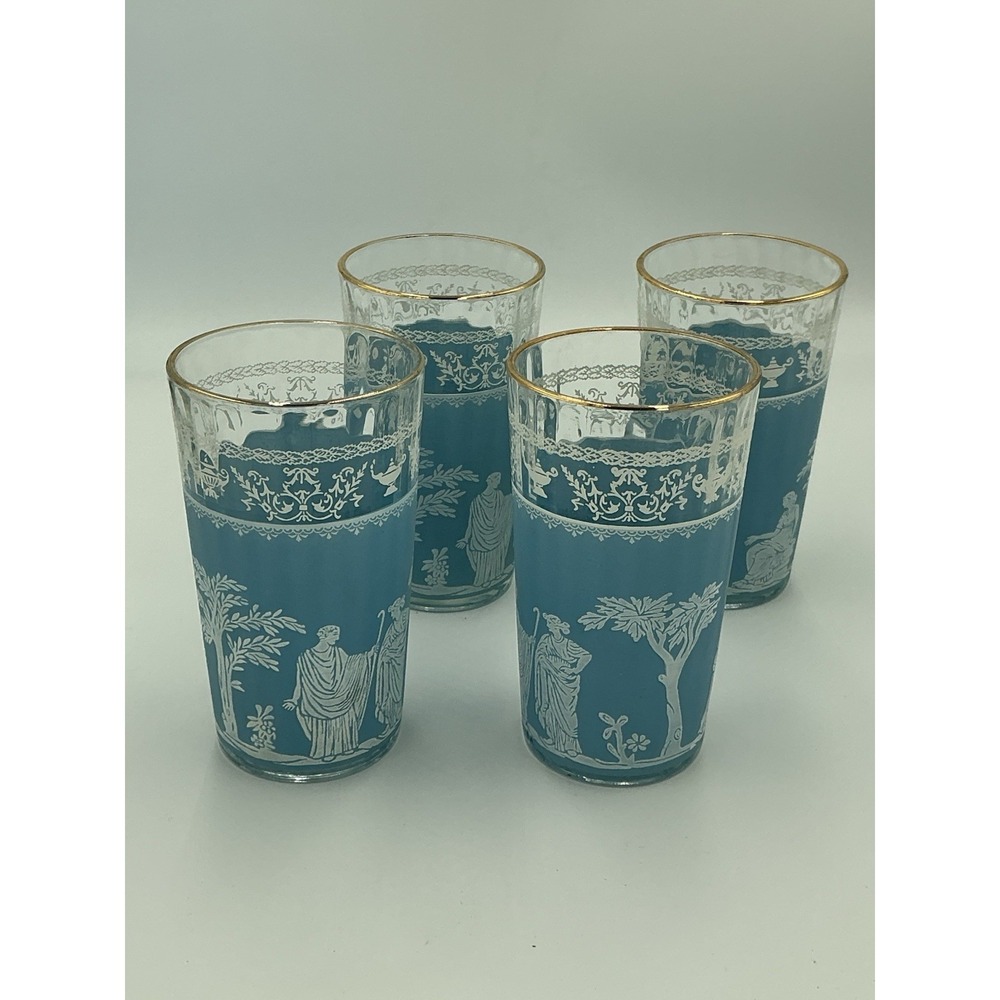 VTG Wedgwood Jasperware Jeanette Blue Hellenic Greek 5"Tumbler  Glasses Set of 4